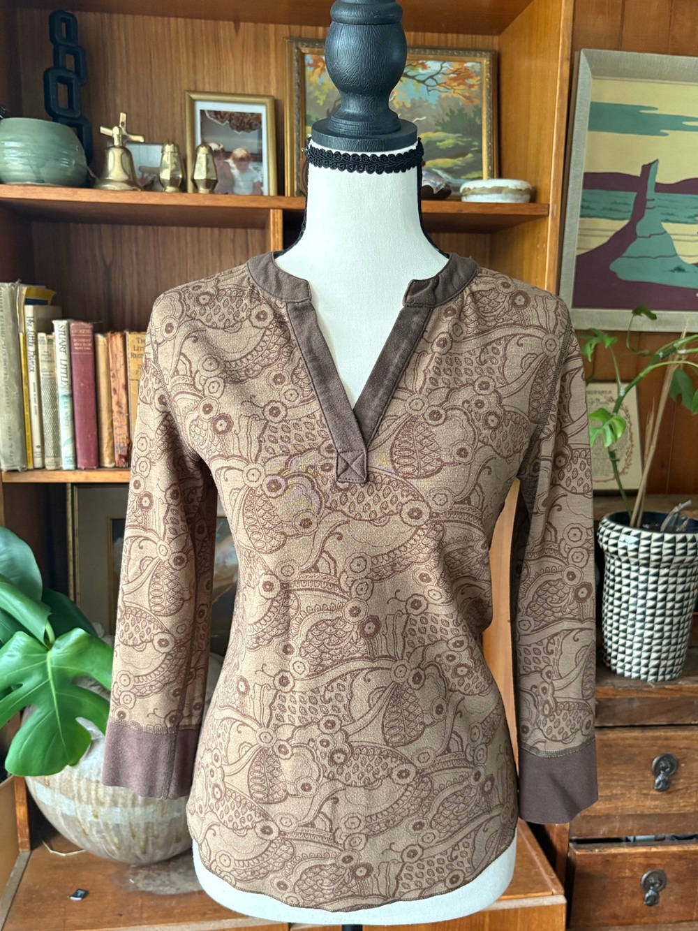 Y2K Fairycore Boho Paisley Brown Henley Wool Blend Top V-Neck VTG North Face S